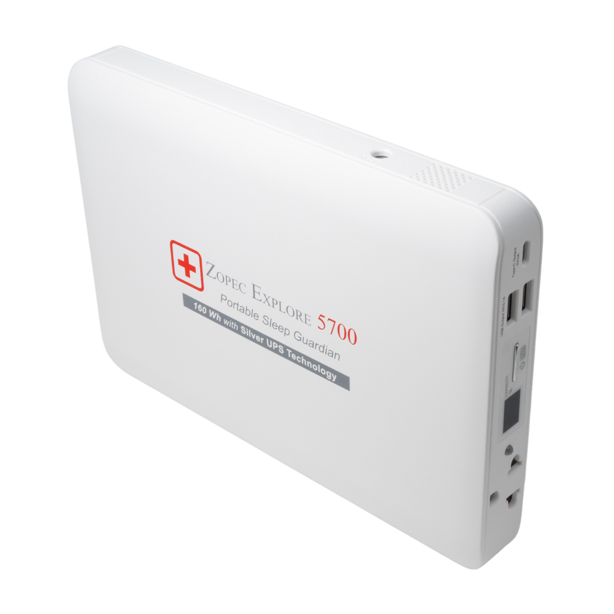 Front view of Zopec Explore 5700 portable CPAP battery power bank with digital display
