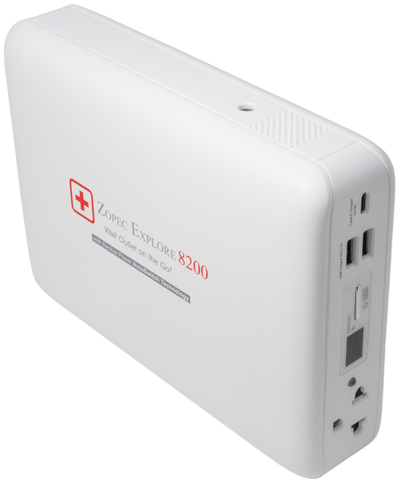 Front view of Zopec Explore 8200 high-capacity CPAP travel battery with multiple output ports